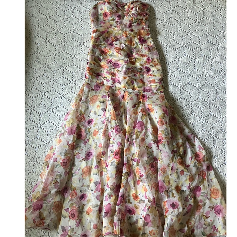 Theia strapless floral gown